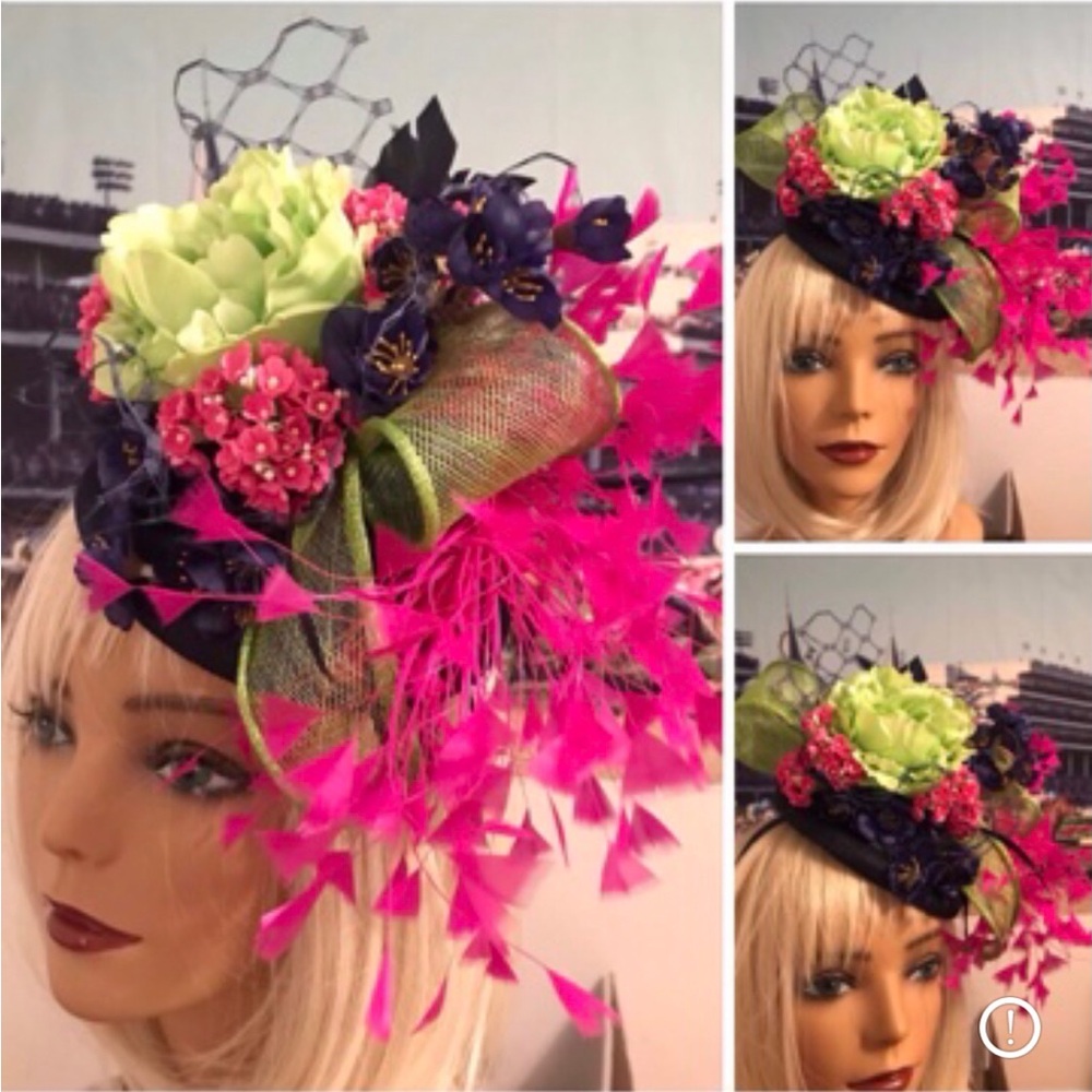 Bold Hot Pink & Lime Floral Fascinator Hat with Navy Accents